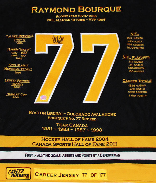 RAYMOND BOURQUE CAREER JERSEY #1 OF 177 - AUTOGRAPHED - BOSTON BRUINS PREMIUM NUMBER COLLECTIBLE (SIZE L OR XL)