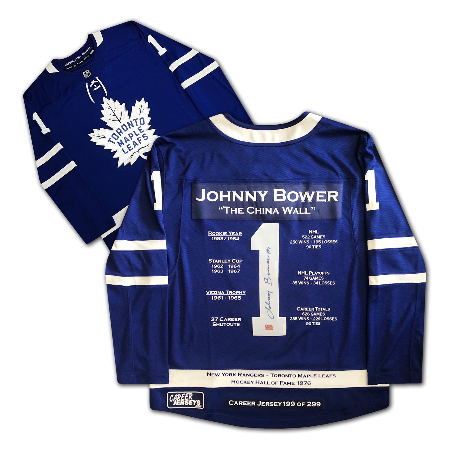 JOHNNY BOWER TORONTO MAPLE LEAFS CAREER JERSEY – AUTOGRAPHED NHL MEMORABILIA – LIMITED EDITION /299 – HALL OF FAME COLLECTIBLE (SIZE L OR XL)
