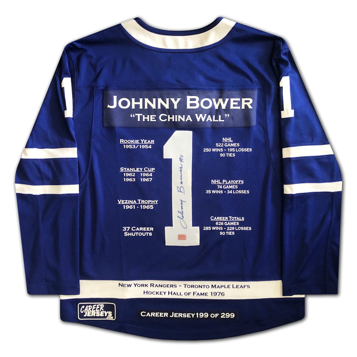 JOHNNY BOWER TORONTO MAPLE LEAFS CAREER JERSEY – AUTOGRAPHED NHL MEMORABILIA – LIMITED EDITION /299 – HALL OF FAME COLLECTIBLE (SIZE L OR XL)