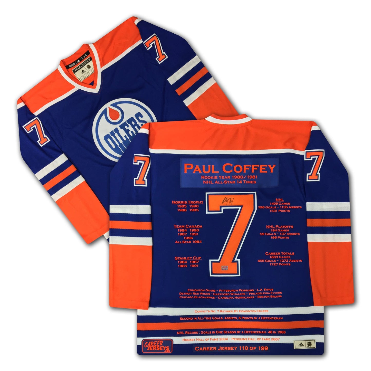 PAUL COFFEY AUTOGRAPHED CAREER JERSEY – EDMONTON OILERS – LIMITED EDITION /199 – NHL COLLECTIBLE (SIZE L OR XL)