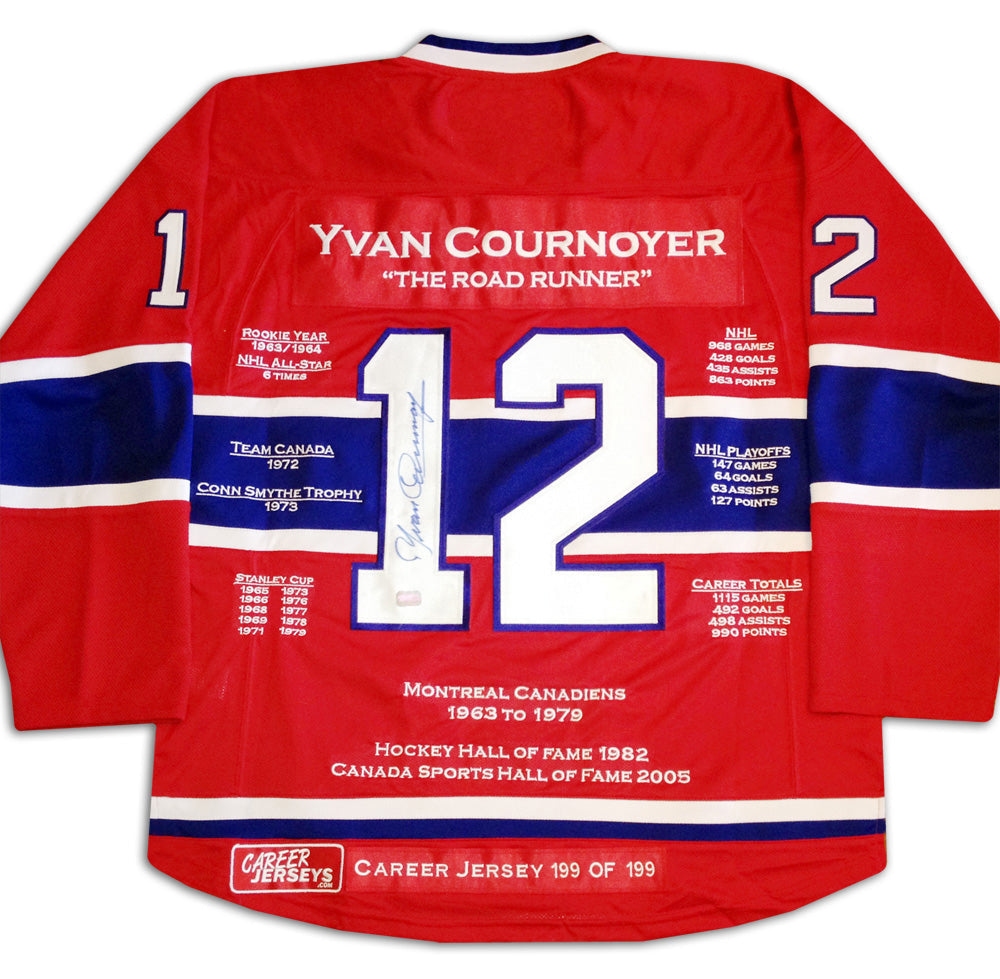 YVAN COURNOYER CAREER JERSEY #199 OF 199 - AUTOGRAPHED - MONTREAL CANADIENS (SIZE L OR XL) – LIMITED EDITION PREMIUM NUMBER HOCKEY COLLECTIBLE – SIGNED MEMORABILIA WITH COA