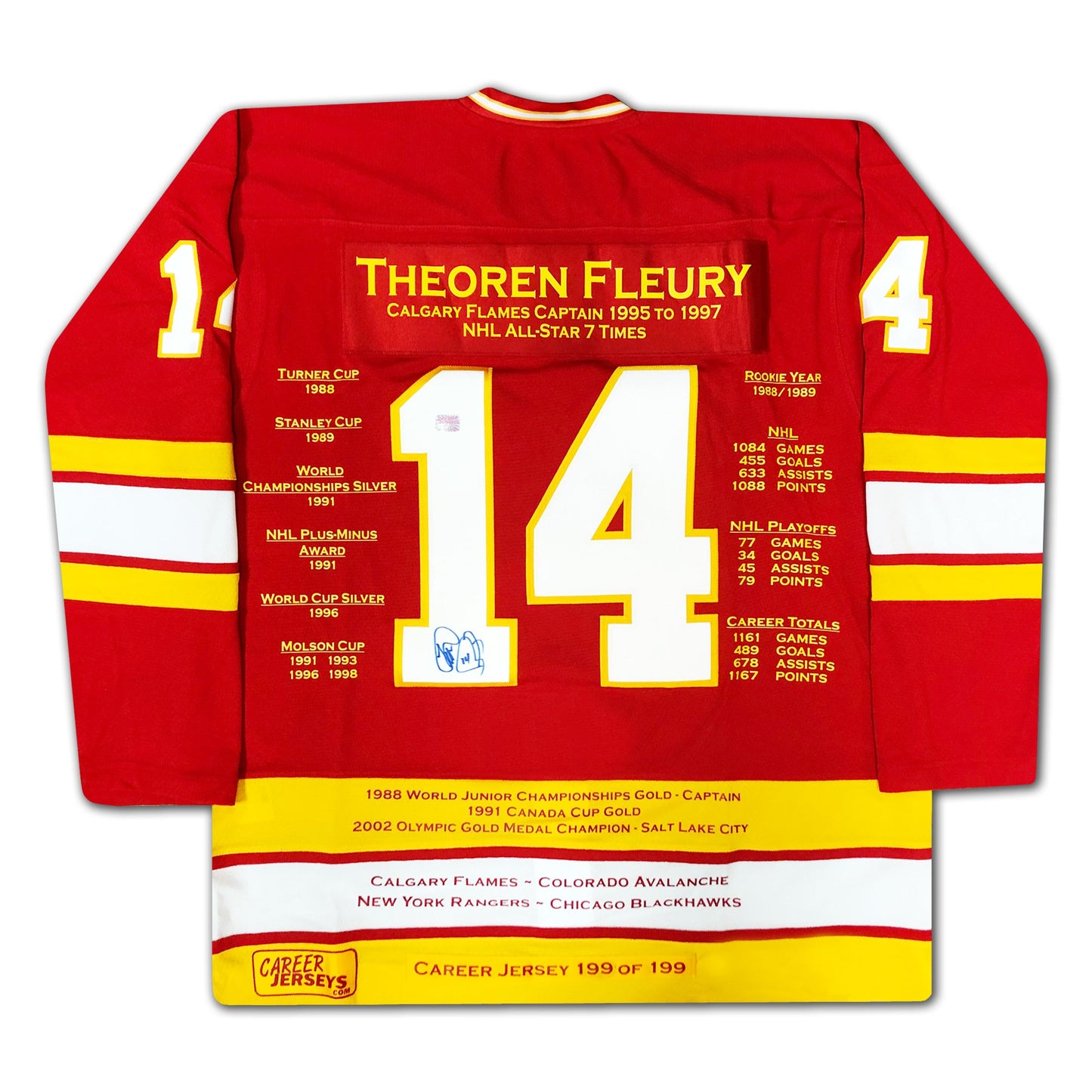 THEOREN FLEURY CAREER JERSEY #1 OF 199 - AUTOGRAPHED - CALGARY FLAMES - LIMITED EDITION NHL MEMORABILIA (SIZE L OR XL)
