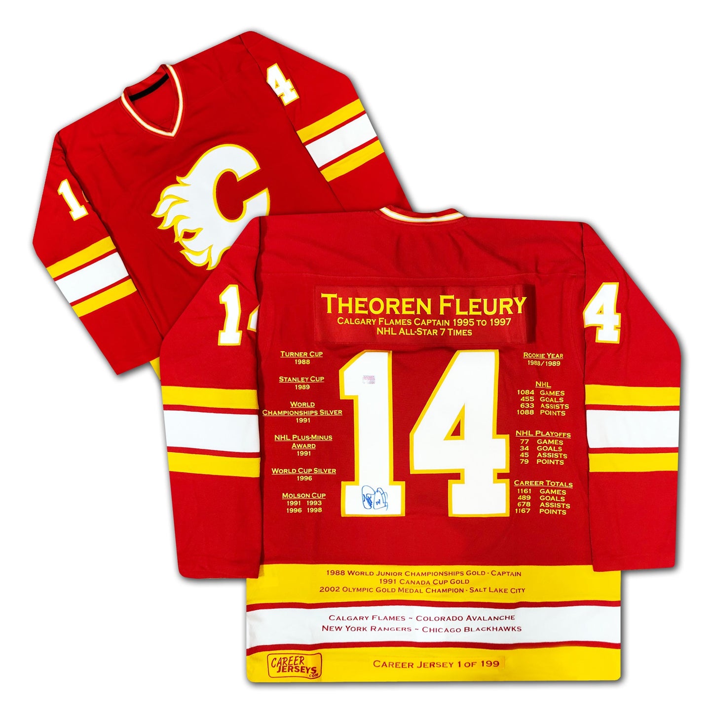 THEOREN FLEURY CAREER JERSEY #1 OF 199 - AUTOGRAPHED - CALGARY FLAMES - LIMITED EDITION NHL MEMORABILIA (SIZE L OR XL)