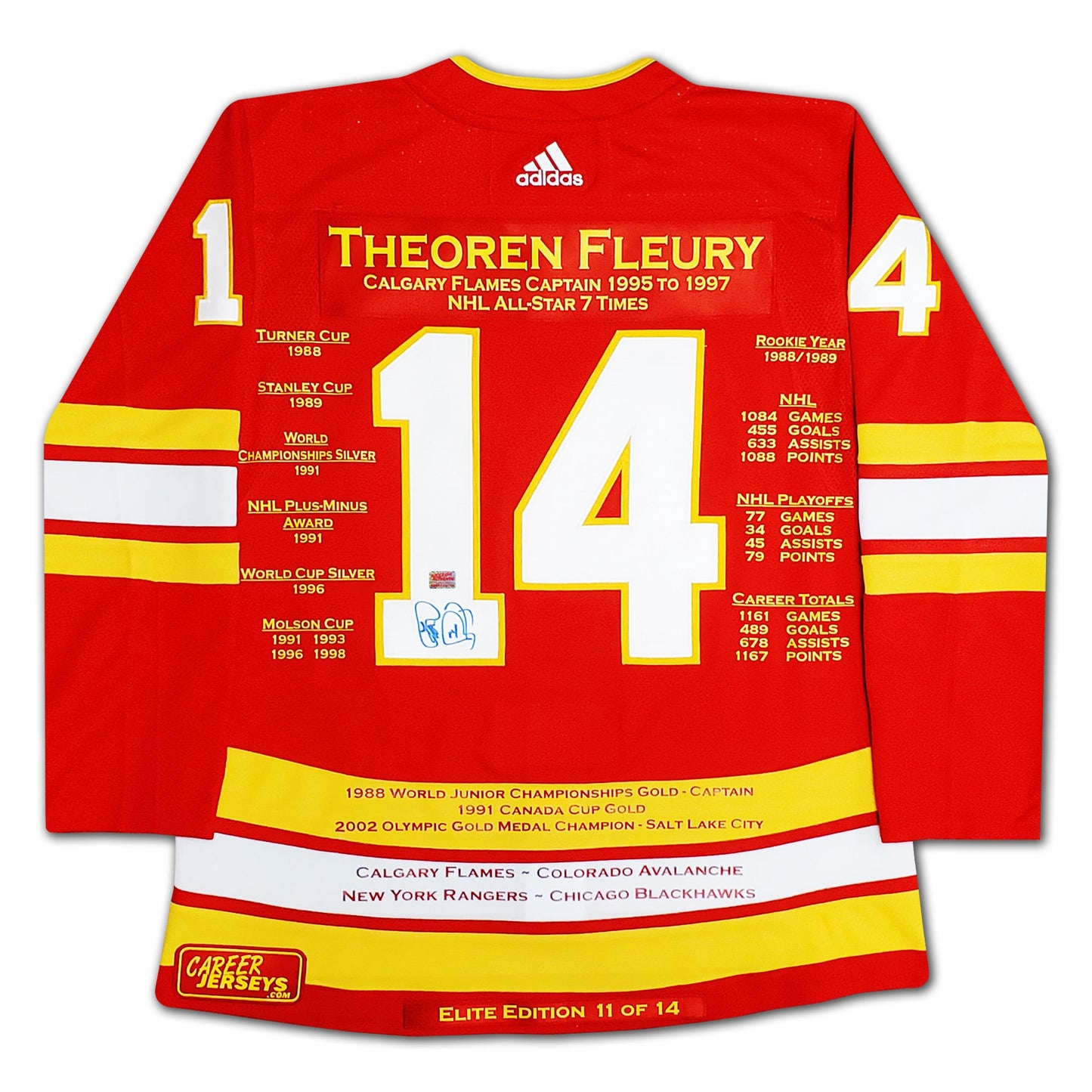 THEOREN FLEURY CAREER JERSEY LIMITED EDITION OF 14 - SIGNED - CALGARY FLAMES AUTOGRAPHED NHL COLLECTIBLE (SIZE L OR XL)