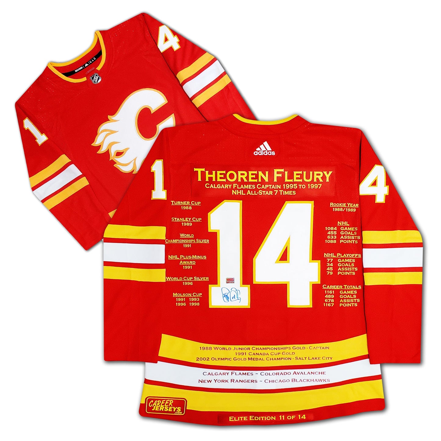 THEOREN FLEURY CAREER JERSEY LIMITED EDITION OF 14 - SIGNED - CALGARY FLAMES AUTOGRAPHED NHL COLLECTIBLE (SIZE L OR XL)