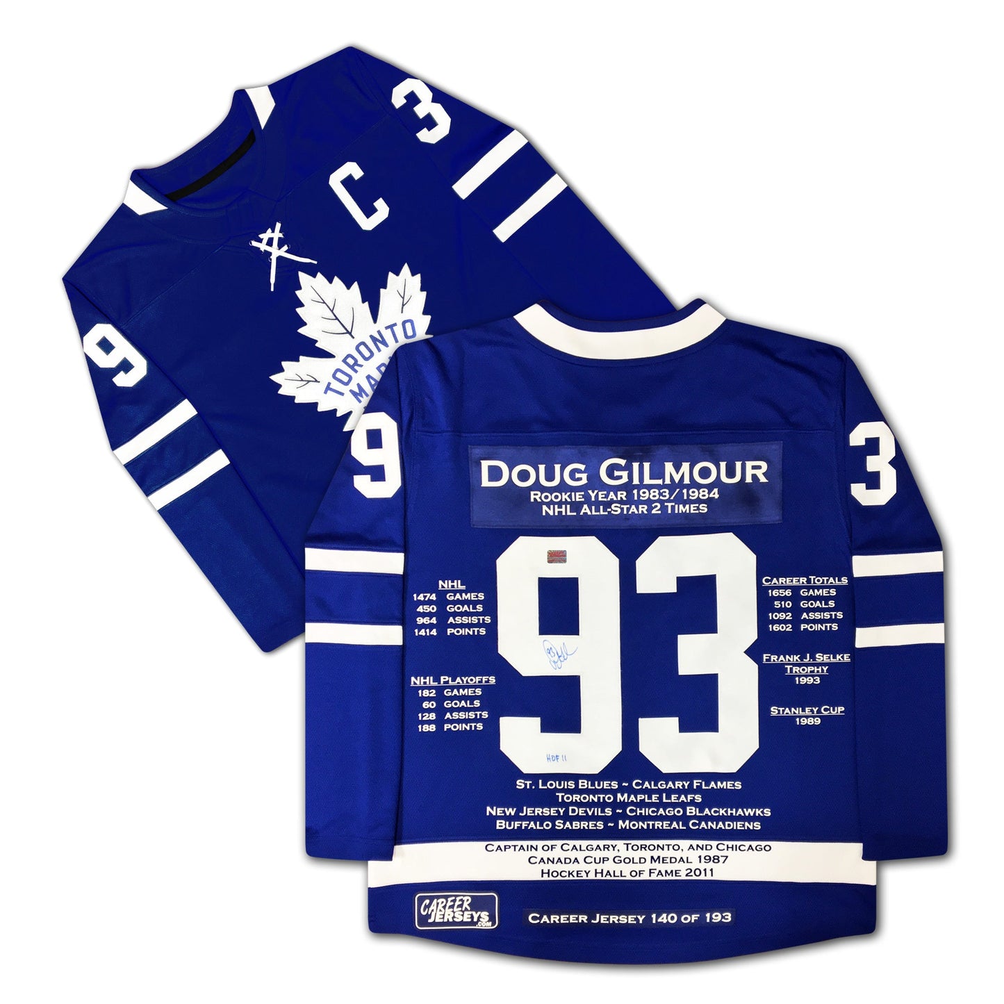 DOUG GILMOUR TORONTO MAPLE LEAFS CAREER JERSEY – AUTOGRAPHED COLLECTIBLE – LIMITED EDITION /193 – OFFICIAL NHL MEMORABILIA (SIZE L OR XL)