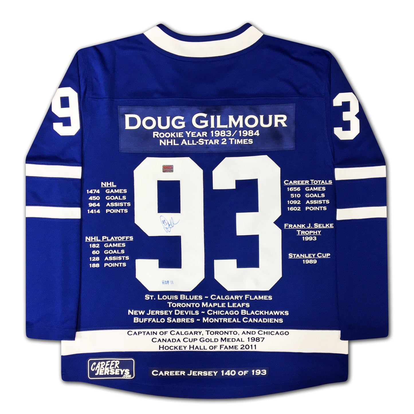 DOUG GILMOUR TORONTO MAPLE LEAFS CAREER JERSEY – AUTOGRAPHED COLLECTIBLE – LIMITED EDITION /193 – OFFICIAL NHL MEMORABILIA (SIZE L OR XL)