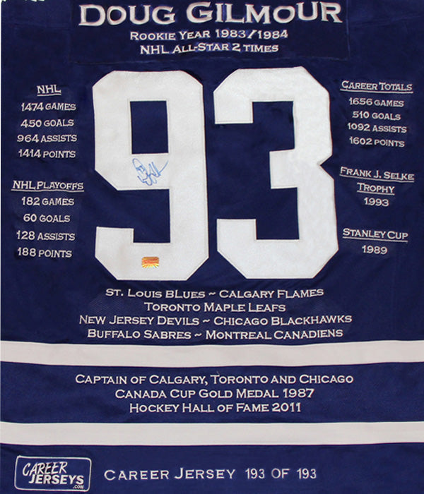 DOUG GILMOUR CAREER JERSEY #193 OF 193 (SIZE L OR XL) – AUTOGRAPHED LIMITED EDITION NHL TORONTO MAPLE LEAFS COLLECTIBLE