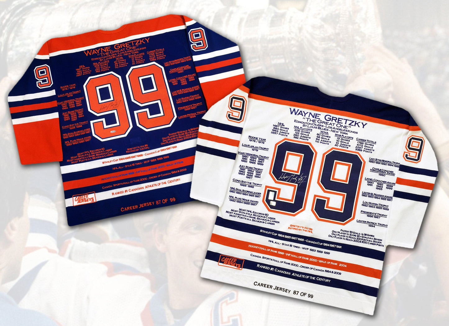 WAYNE GRETZKY CAREER JERSEYS PAIR MATCHING #87 OF 99 (SIZE L OR XL) - UPPER DECK COA - AUTOGRAPHED NHL COLLECTIBLES - EDMONTON OILERS WHITE AND BLUE JERSEYS - STANLEY CUP YEAR - LIMITED EDITION