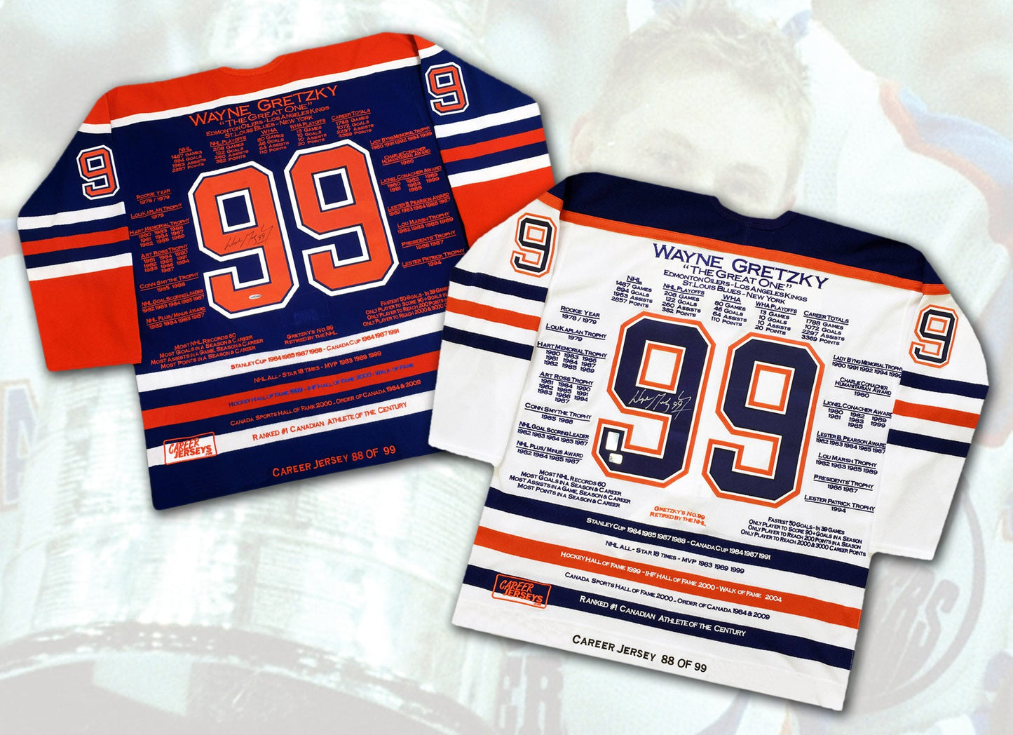 WAYNE GRETZKY CAREER JERSEYS PAIR MATCHING #88 OF 99 (SIZE L OR XL) - UPPER DECK COA - AUTOGRAPHED NHL COLLECTIBLES - EDMONTON OILERS WHITE AND BLUE JERSEYS - STANLEY CUP YEAR - LIMITED EDITION