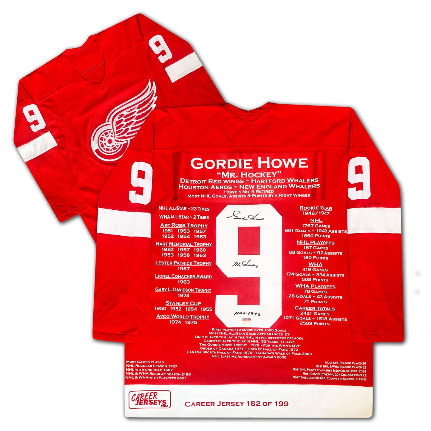 GORDIE HOWE DETROIT RED WINGS CAREER JERSEY – AUTOGRAPHED COLLECTIBLE – LIMITED EDITION /199 – OFFICIAL NHL MEMORABILIA (SIZE L OR XL)