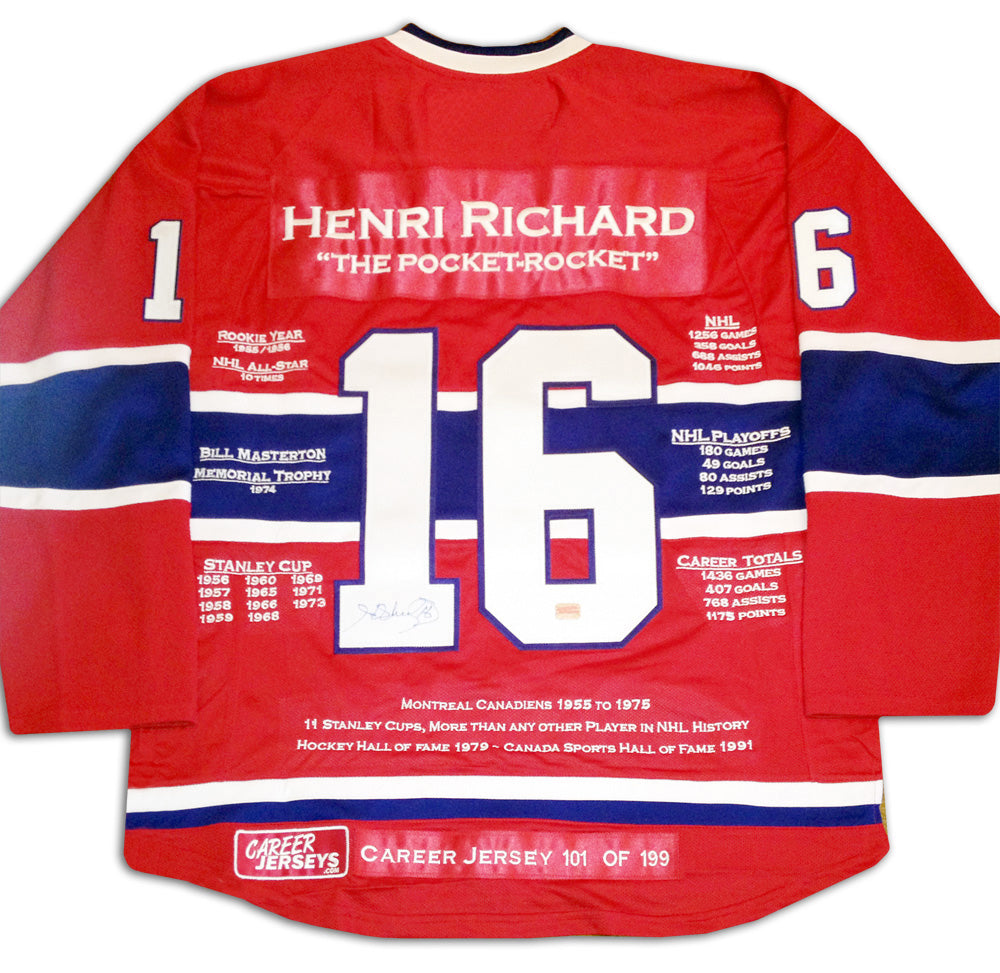 HENRI RICHARD MONTREAL CANADIENS CAREER JERSEY – AUTOGRAPHED HOCKEY COLLECTIBLE – LIMITED EDITION /199 – NHL HALL OF FAME MEMORABILIA (SIZE L OR XL)