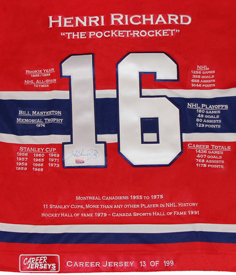 HENRI RICHARD MONTREAL CANADIENS CAREER JERSEY – AUTOGRAPHED HOCKEY COLLECTIBLE – LIMITED EDITION /199 – NHL HALL OF FAME MEMORABILIA (SIZE L OR XL)