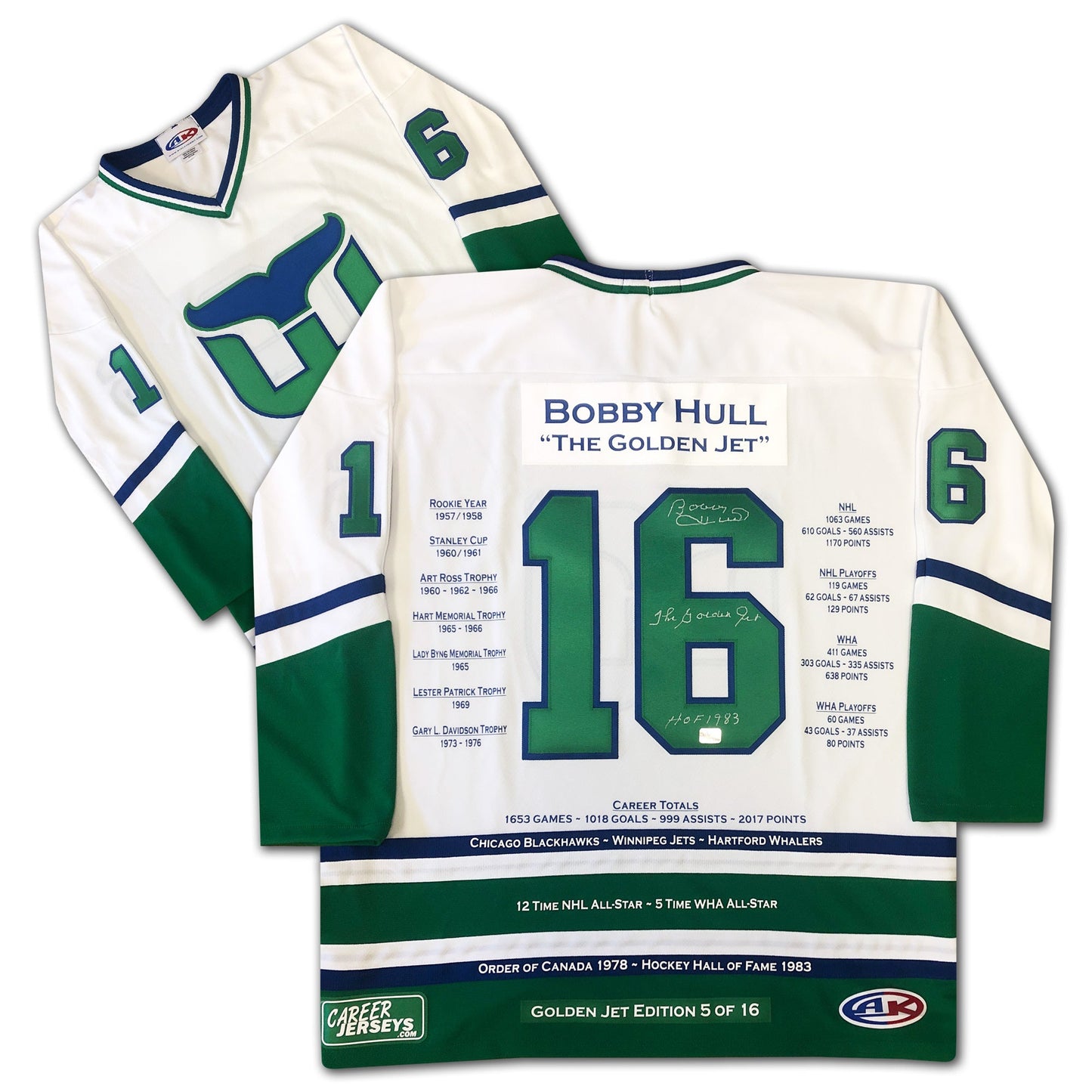 BOBBY HULL HARTFORD WHALERS CAREER JERSEY WHITE EDITION – AUTOGRAPHED COLLECTIBLE – LIMITED EDITION /16 – OFFICIAL NHL HOCKEY MEMORABILIA (SIZE L OR XL)