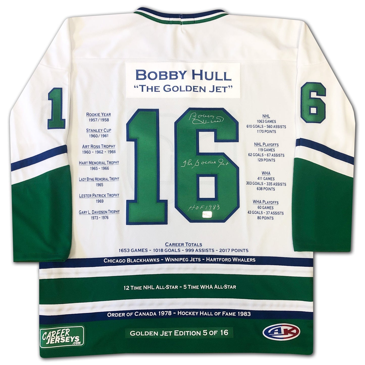 BOBBY HULL HARTFORD WHALERS CAREER JERSEY WHITE EDITION – AUTOGRAPHED COLLECTIBLE – LIMITED EDITION /16 – OFFICIAL NHL HOCKEY MEMORABILIA (SIZE L OR XL)