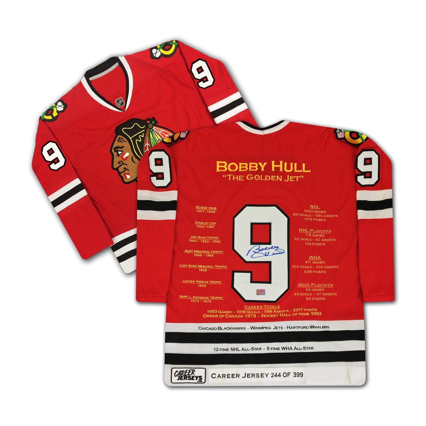 BOBBY HULL CHICAGO BLACKHAWKS CAREER JERSEY – AUTOGRAPHED COLLECTIBLE – LIMITED EDITION /399 – OFFICIAL NHL HOCKEY MEMORABILIA (SIZE L OR XL)