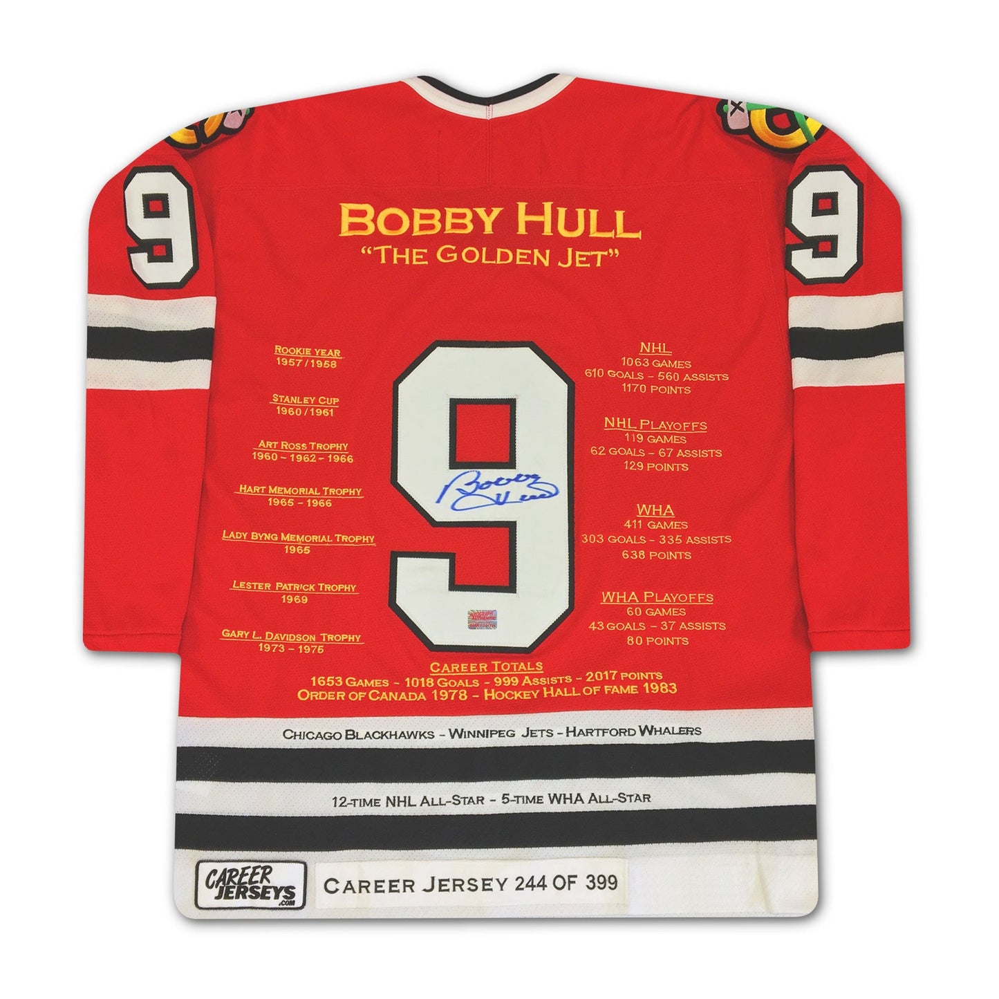 BOBBY HULL CHICAGO BLACKHAWKS CAREER JERSEY – AUTOGRAPHED COLLECTIBLE – LIMITED EDITION /399 – OFFICIAL NHL HOCKEY MEMORABILIA (SIZE L OR XL)