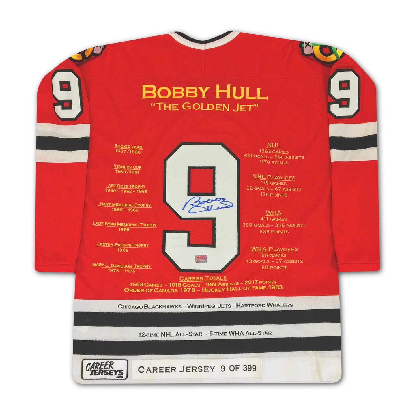 BOBBY HULL CHICAGO BLACKHAWKS CAREER JERSEY – AUTOGRAPHED LIMITED EDITION #9 OF 399 (SIZE L OR XL) – AUTHENTIC NHL MEMORABILIA