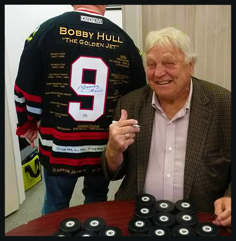 BOBBY HULL CHICAGO BLACKHAWKS CAREER JERSEY – AUTOGRAPHED LIMITED EDITION #9 OF 399 (SIZE L OR XL) – AUTHENTIC NHL MEMORABILIA
