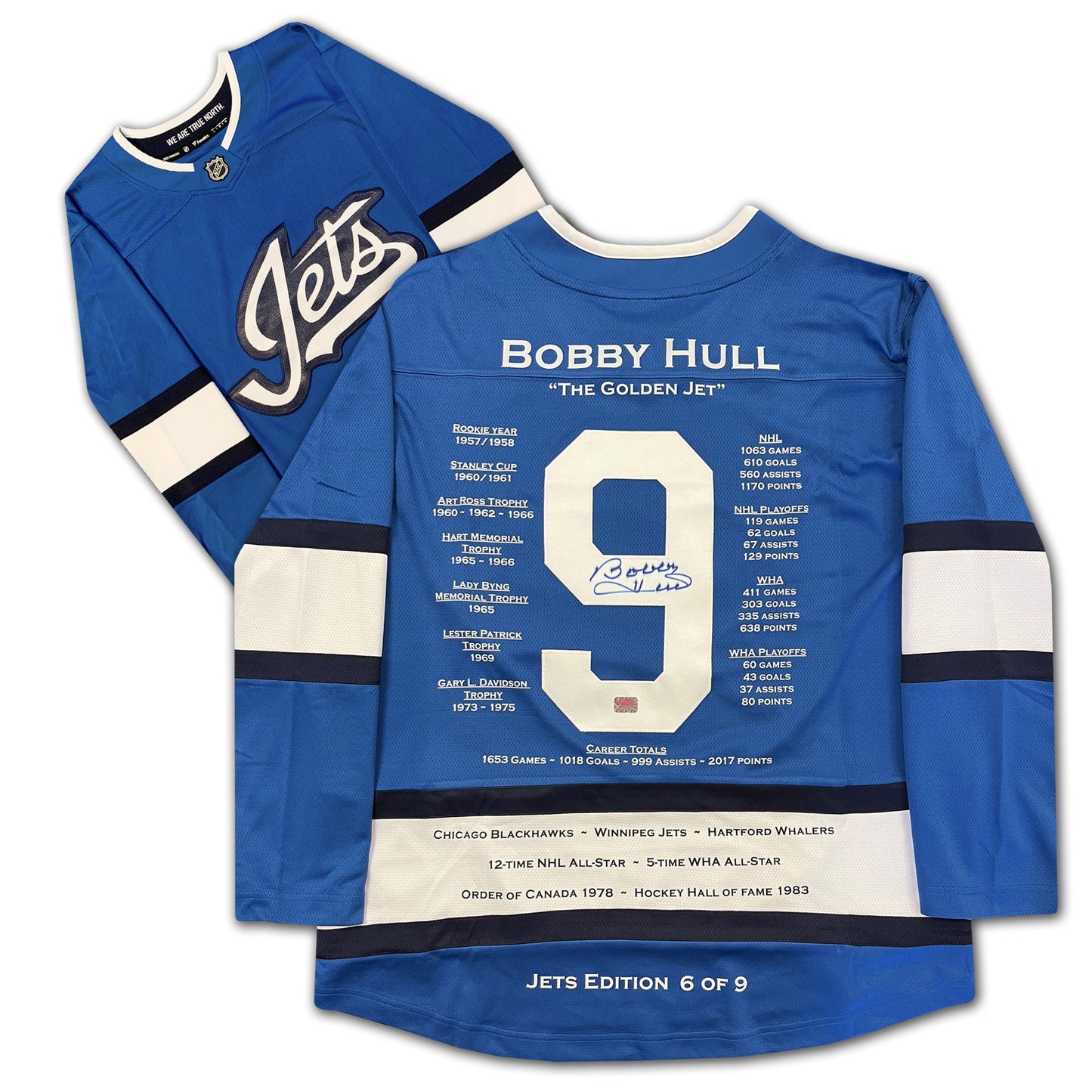 BOBBY HULL WINNIPEG JETS CAREER JERSEY – GOLDEN JET BLUE ALTERNATE – AUTOGRAPHED COLLECTIBLE – LIMITED EDITION /9 – OFFICIAL HOCKEY MEMORABILIA (SIZE L OR XL)