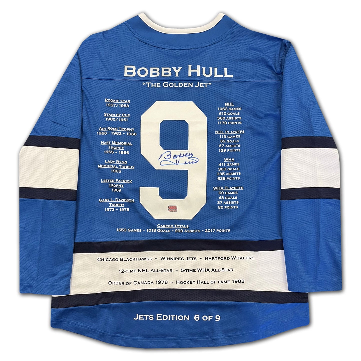 BOBBY HULL WINNIPEG JETS CAREER JERSEY – GOLDEN JET BLUE ALTERNATE – AUTOGRAPHED COLLECTIBLE – LIMITED EDITION /9 – OFFICIAL HOCKEY MEMORABILIA (SIZE L OR XL)
