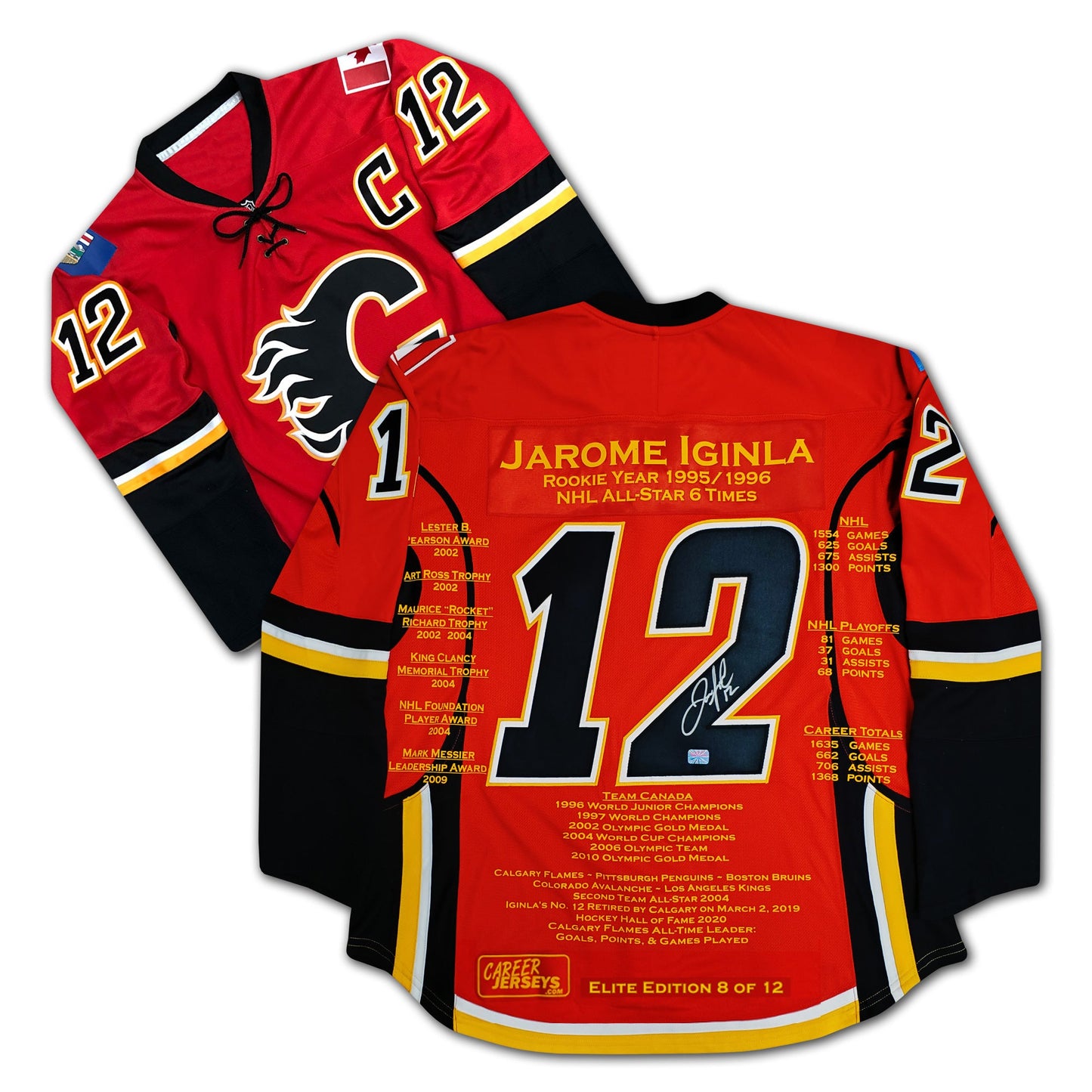 JAROME IGINLA CALGARY FLAMES CAREER JERSEY – ELITE EDITION – AUTOGRAPHED NHL COLLECTIBLE – LIMITED EDITION /12 – ULTRA-RARE HOCKEY MEMORABILIA (SIZE L OR XL)