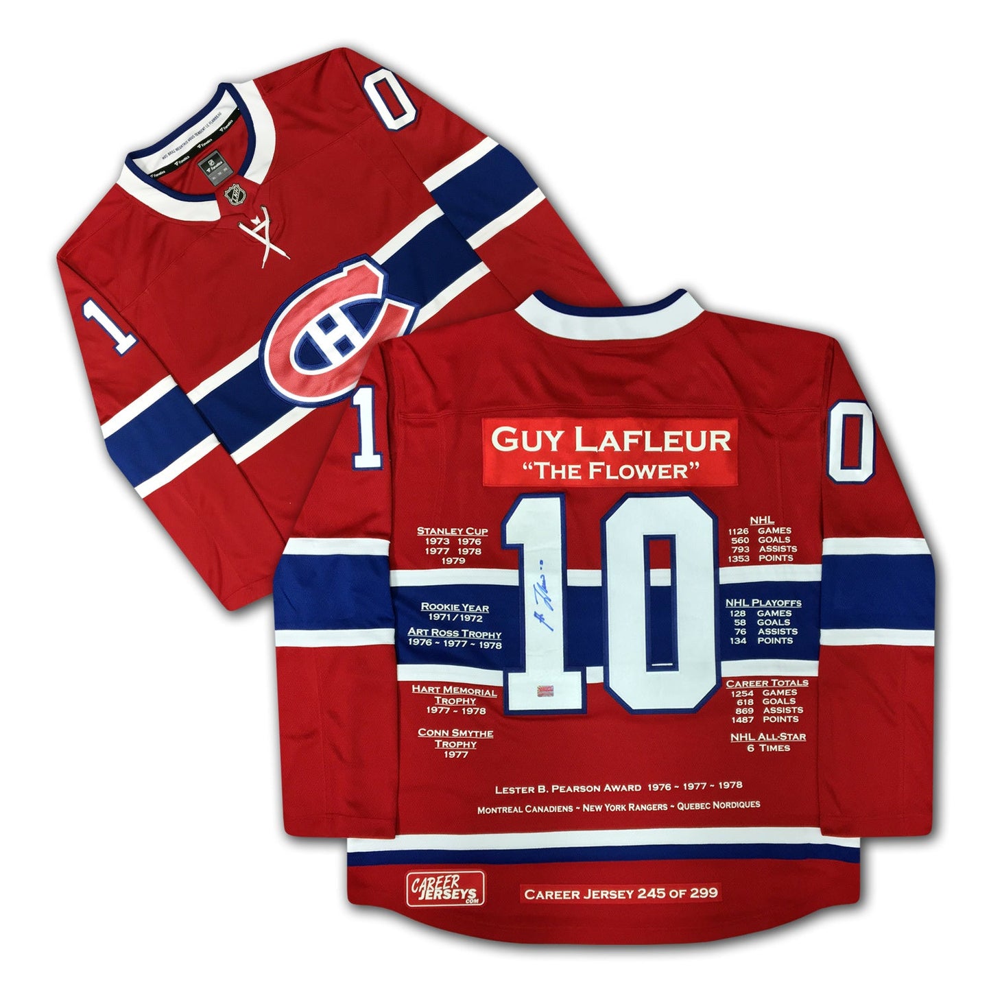 GUY LAFLEUR MONTREAL CANADIENS CAREER JERSEY – AUTOGRAPHED NHL MEMORABILIA – LIMITED EDITION /299 – HALL OF FAME COLLECTIBLE (SIZE L OR XL)