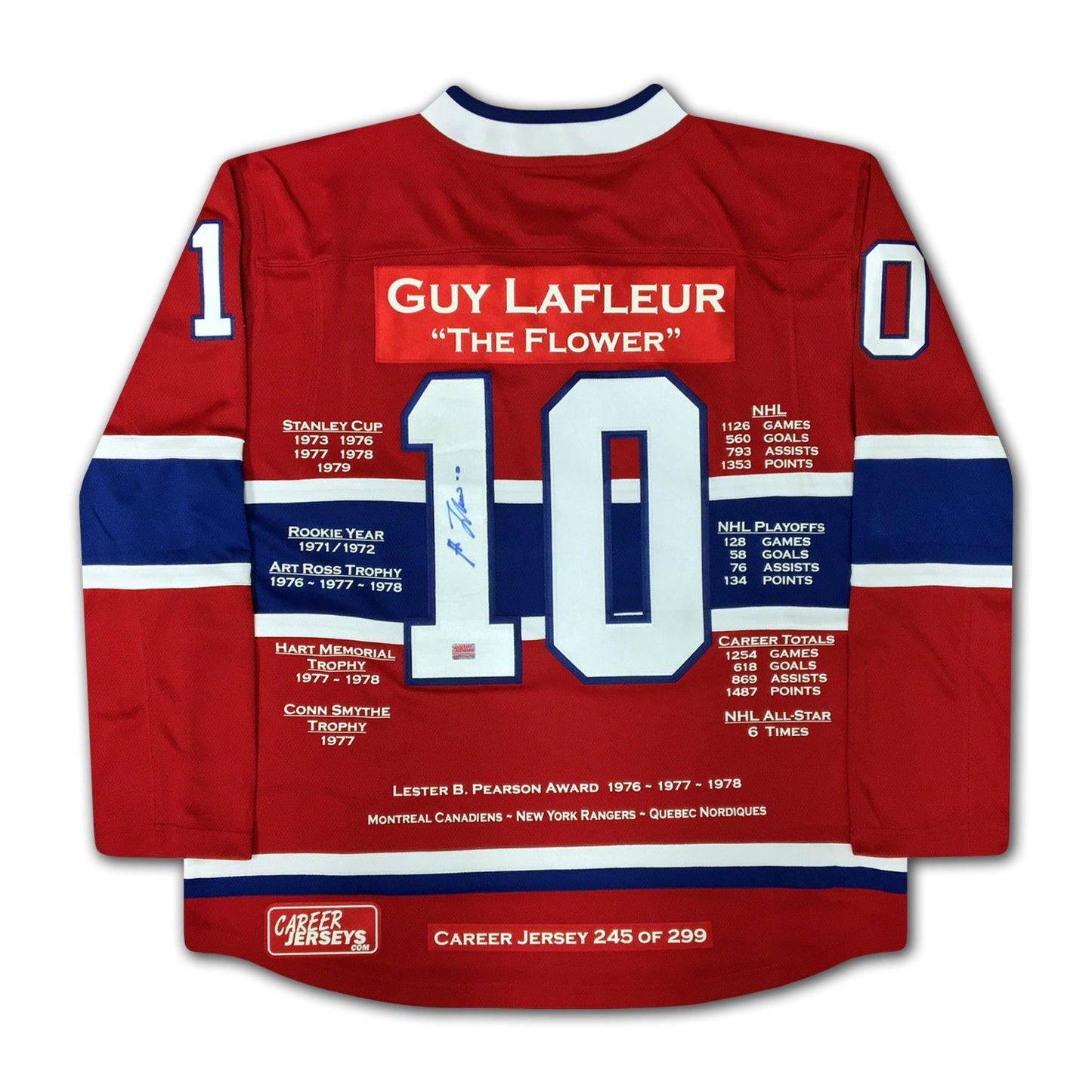 GUY LAFLEUR MONTREAL CANADIENS CAREER JERSEY – AUTOGRAPHED NHL MEMORABILIA – LIMITED EDITION /299 – HALL OF FAME COLLECTIBLE (SIZE L OR XL)