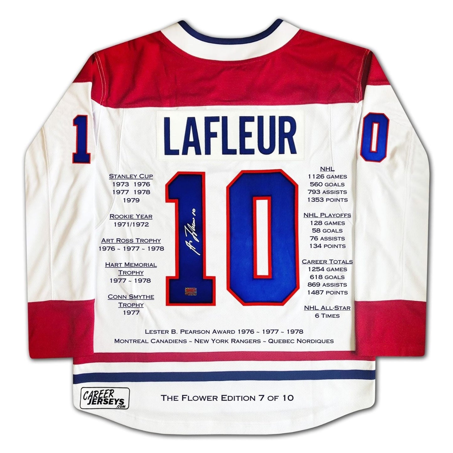 GUY LAFLEUR MONTREAL CANADIENS CAREER JERSEY – THE FLOWER WHITE EDITION – AUTOGRAPHED COLLECTIBLE – LIMITED EDITION /10 – RARE NHL MEMORABILIA (SIZE L OR XL)