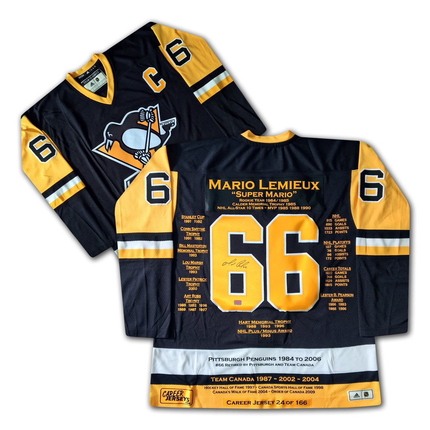 MARIO LEMIEUX PITTSBURGH PENGUINS CAREER JERSEY – AUTOGRAPHED NHL MEMORABILIA – LIMITED EDITION /166 – LEGENDARY COLLECTIBLE (SIZE L OR XL)