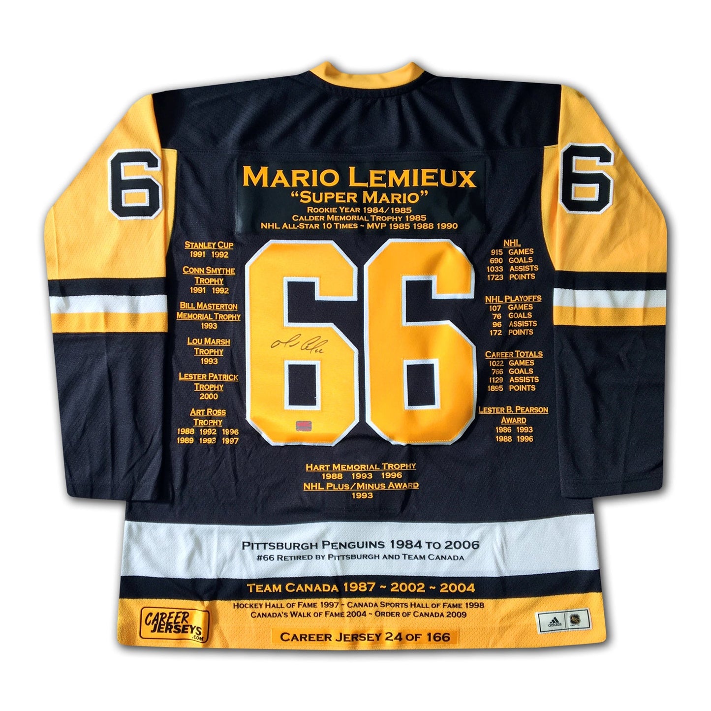 MARIO LEMIEUX PITTSBURGH PENGUINS CAREER JERSEY – AUTOGRAPHED NHL MEMORABILIA – LIMITED EDITION /166 – LEGENDARY COLLECTIBLE (SIZE L OR XL)