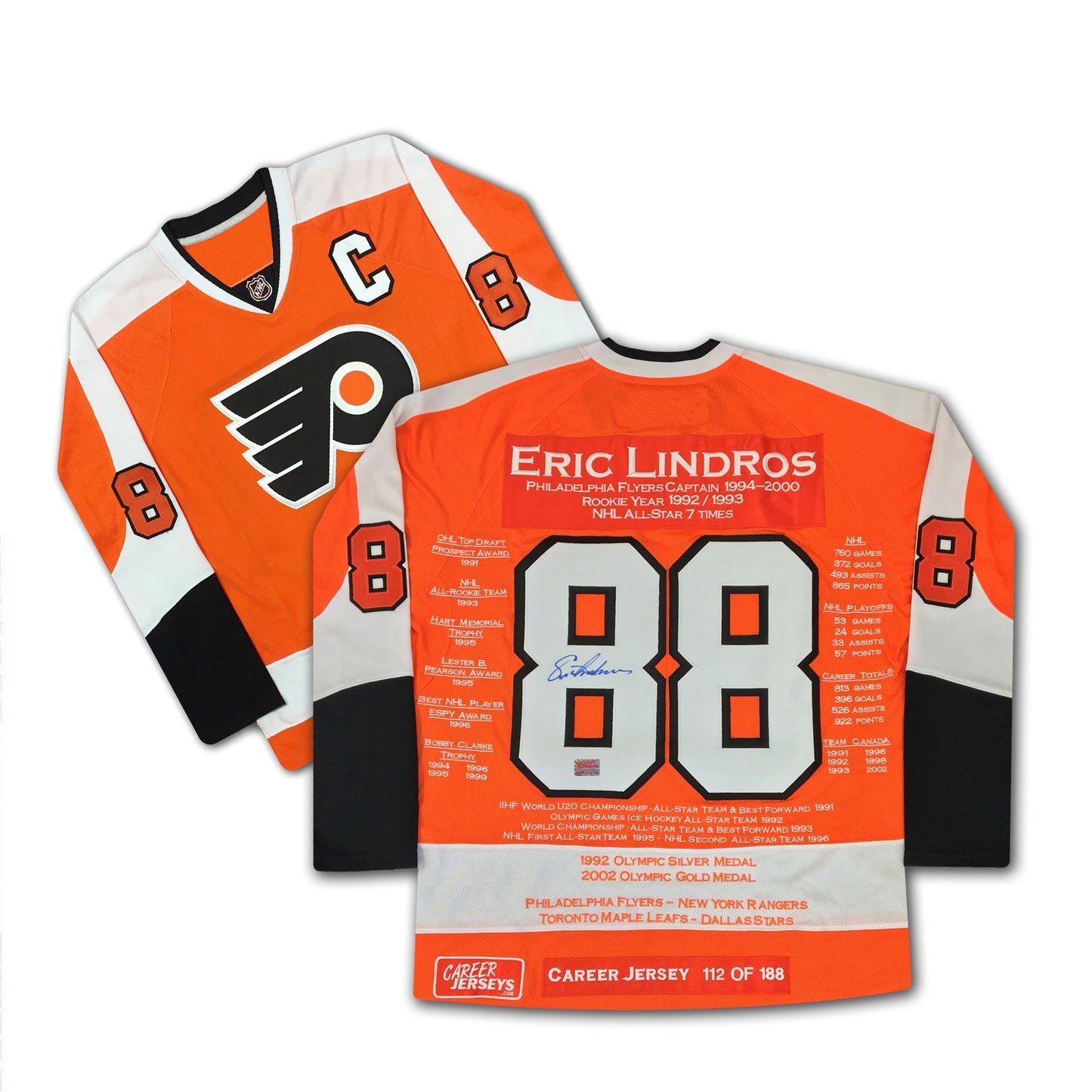 ERIC LINDROS PHILADELPHIA FLYERS CAREER JERSEY – AUTOGRAPHED COLLECTIBLE – LIMITED EDITION /188 – OFFICIAL NHL MEMORABILIA (SIZE L OR XL)