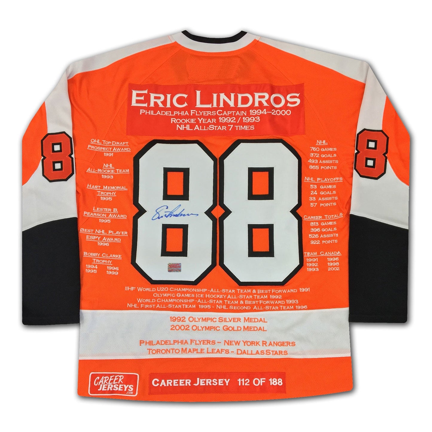 ERIC LINDROS PHILADELPHIA FLYERS CAREER JERSEY – AUTOGRAPHED COLLECTIBLE – LIMITED EDITION /188 – OFFICIAL NHL MEMORABILIA (SIZE L OR XL)