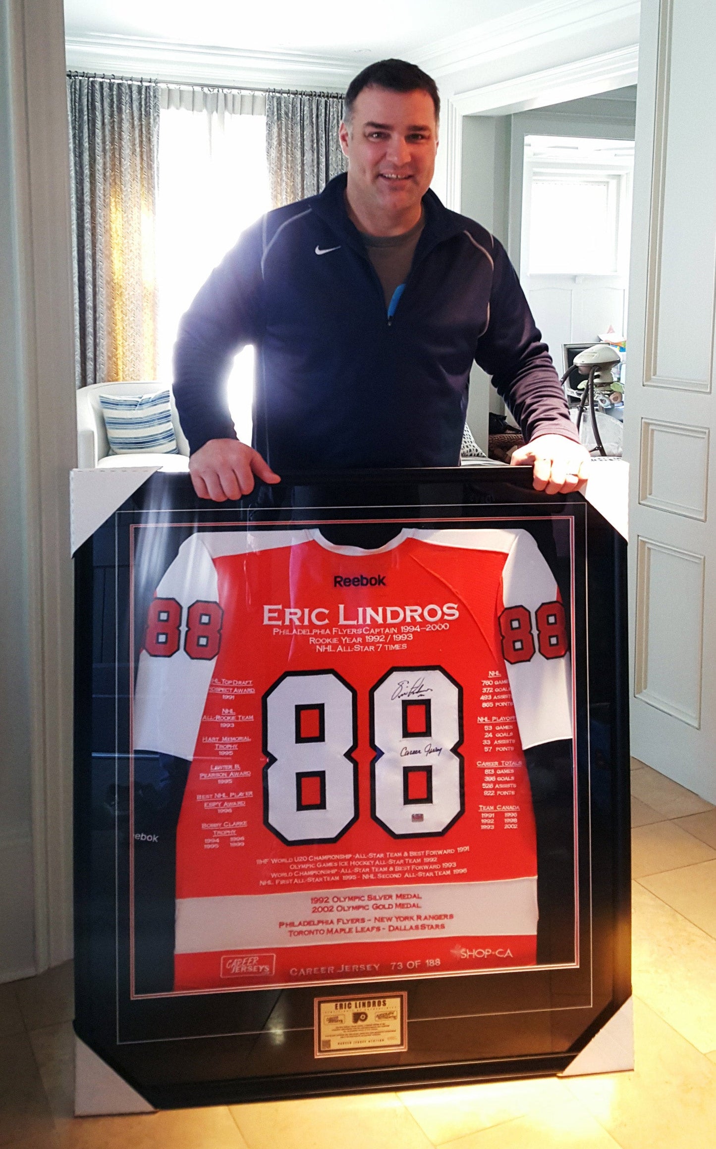 ERIC LINDROS PHILADELPHIA FLYERS CAREER JERSEY – AUTOGRAPHED COLLECTIBLE – LIMITED EDITION /188 – OFFICIAL NHL MEMORABILIA (SIZE L OR XL)