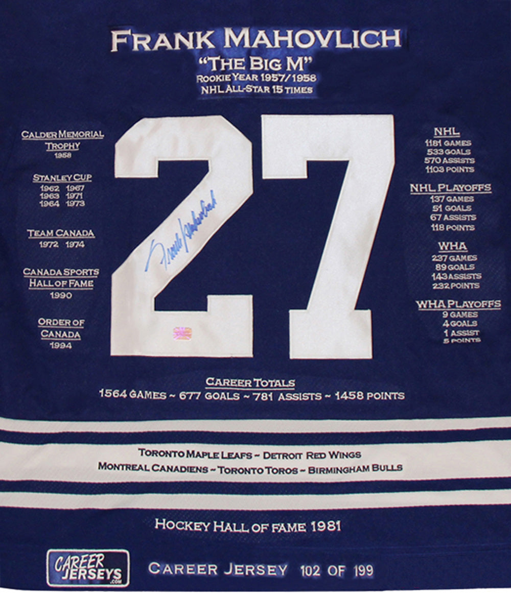 FRANK MAHOVLICH TORONTO MAPLE LEAFS CAREER JERSEY – AUTOGRAPHED COLLECTIBLE – LIMITED EDITION /199 – OFFICIAL NHL MEMORABILIA (SIZE L OR XL)