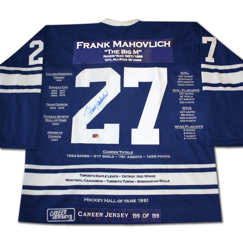 FRANK MAHOVLICH CAREER JERSEY #199 OF 199 (SIZE L OR XL) – AUTOGRAPHED LIMITED EDITION NHL TORONTO MAPLE LEAFS COLLECTIBLE