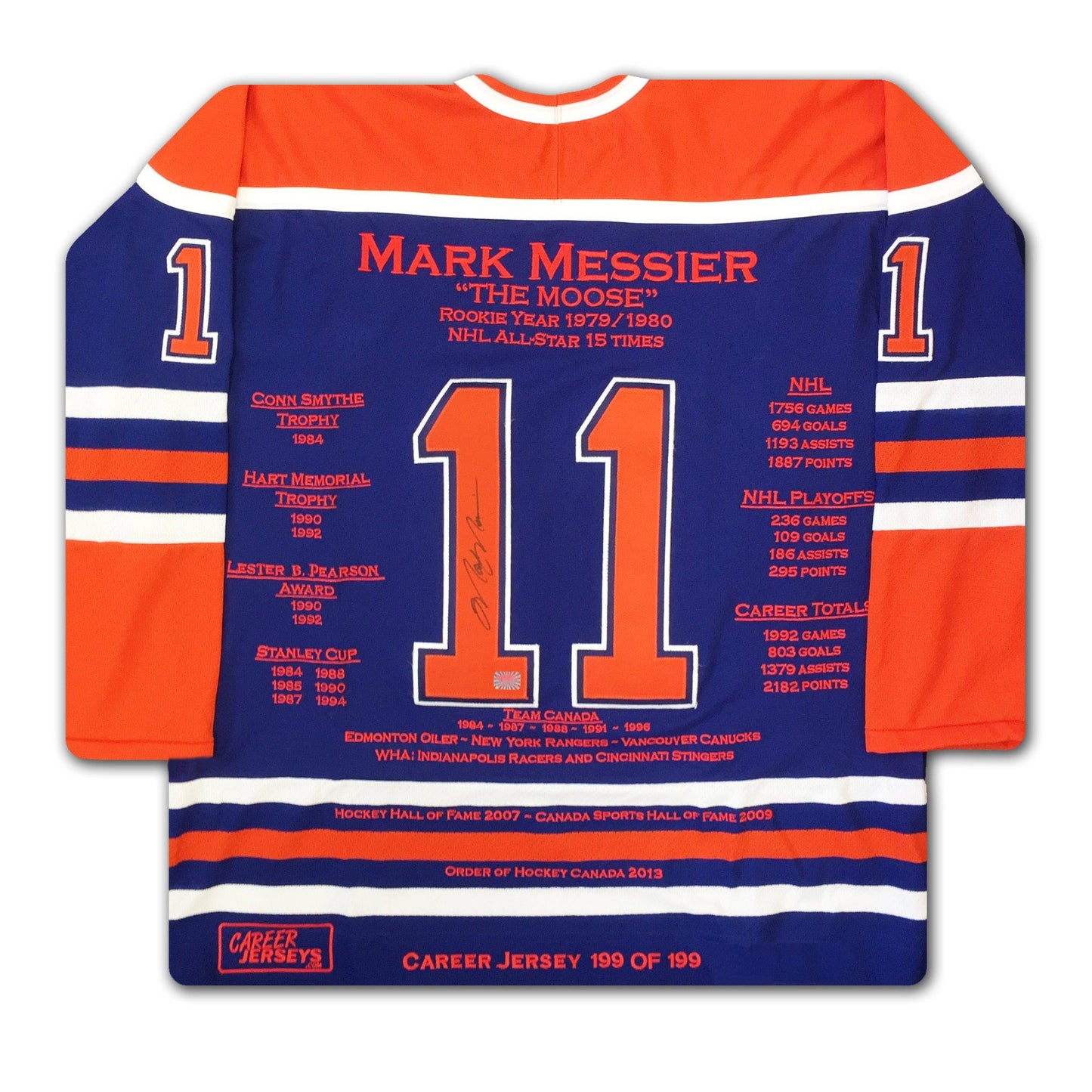 MARK MESSIER CAREER JERSEY #199 OF 199 - AUTOGRAPHED - EDMONTON OILERS COLLECTIBLE (SIZE L OR XL) – LIMITED EDITION NHL MEMORABILIA