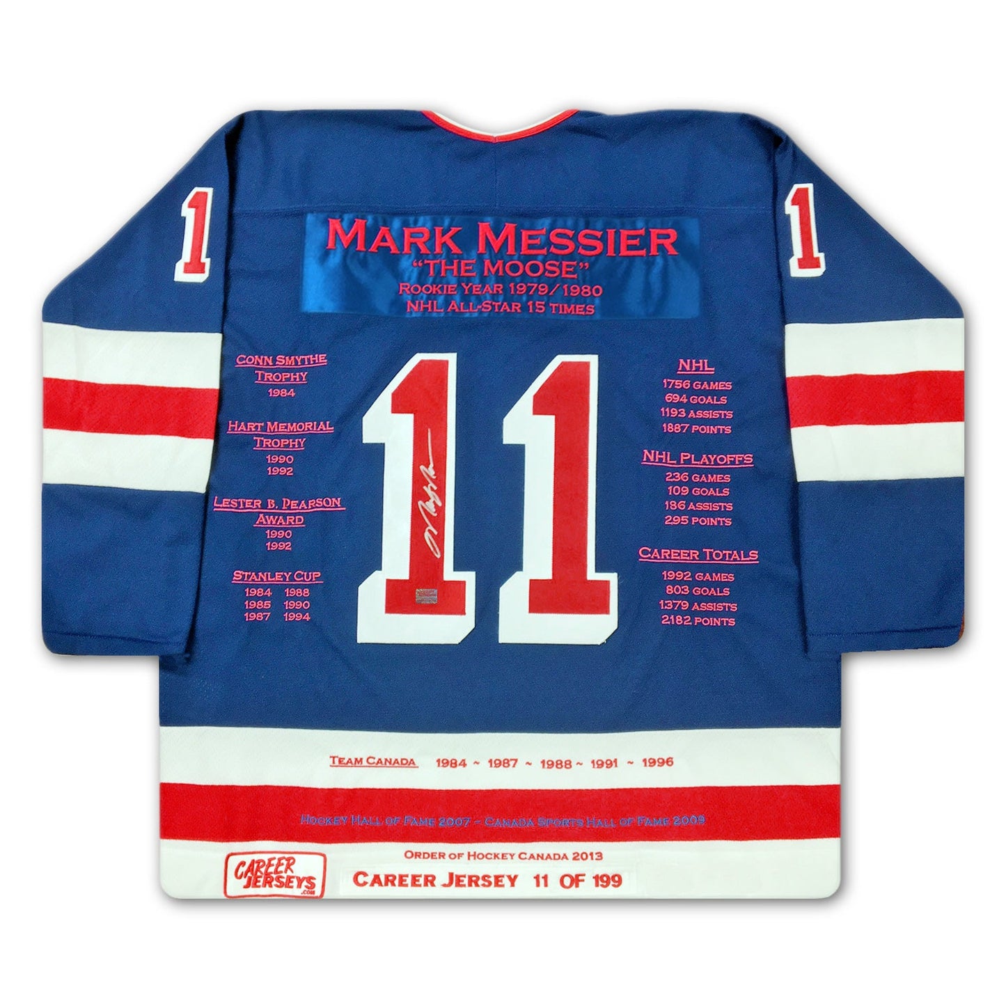 MARK MESSIER NY RANGERS CAREER JERSEY #11 OF 199 – AUTOGRAPHED – (SIZE L OR XL) – LIMITED EDITION NHL COLLECTIBLE