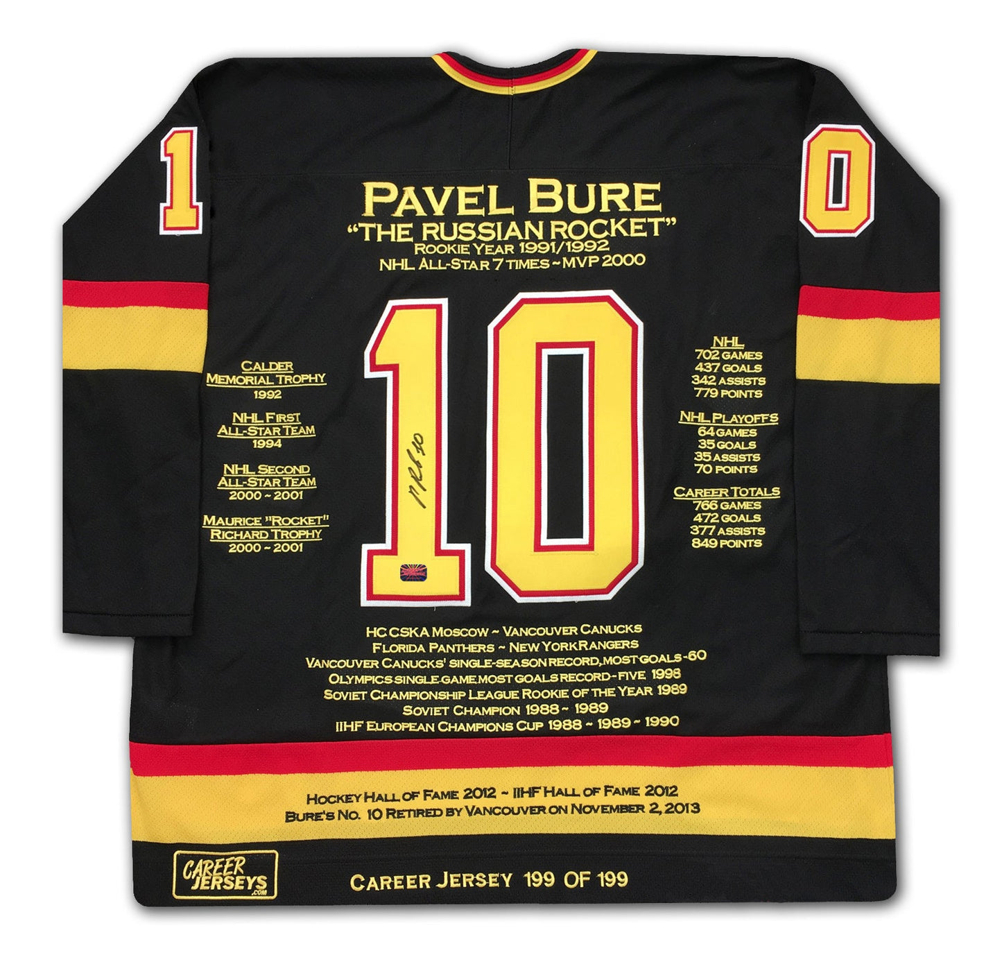 PAVEL BURE CAREER JERSEY #199 OF 199 - AUTOGRAPHED - VANCOUVER (SIZE L OR XL) - LIMITED EDITION NHL MEMORABILIA COLLECTIBLE