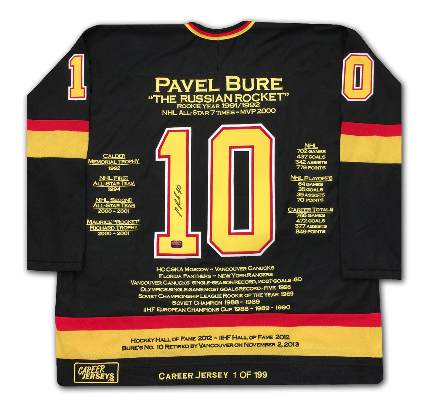 PAVEL BURE CAREER JERSEY #1 OF 199 - AUTOGRAPHED - VANCOUVER (SIZE L OR XL) - LIMITED EDITION NHL MEMORABILIA COLLECTIBLE