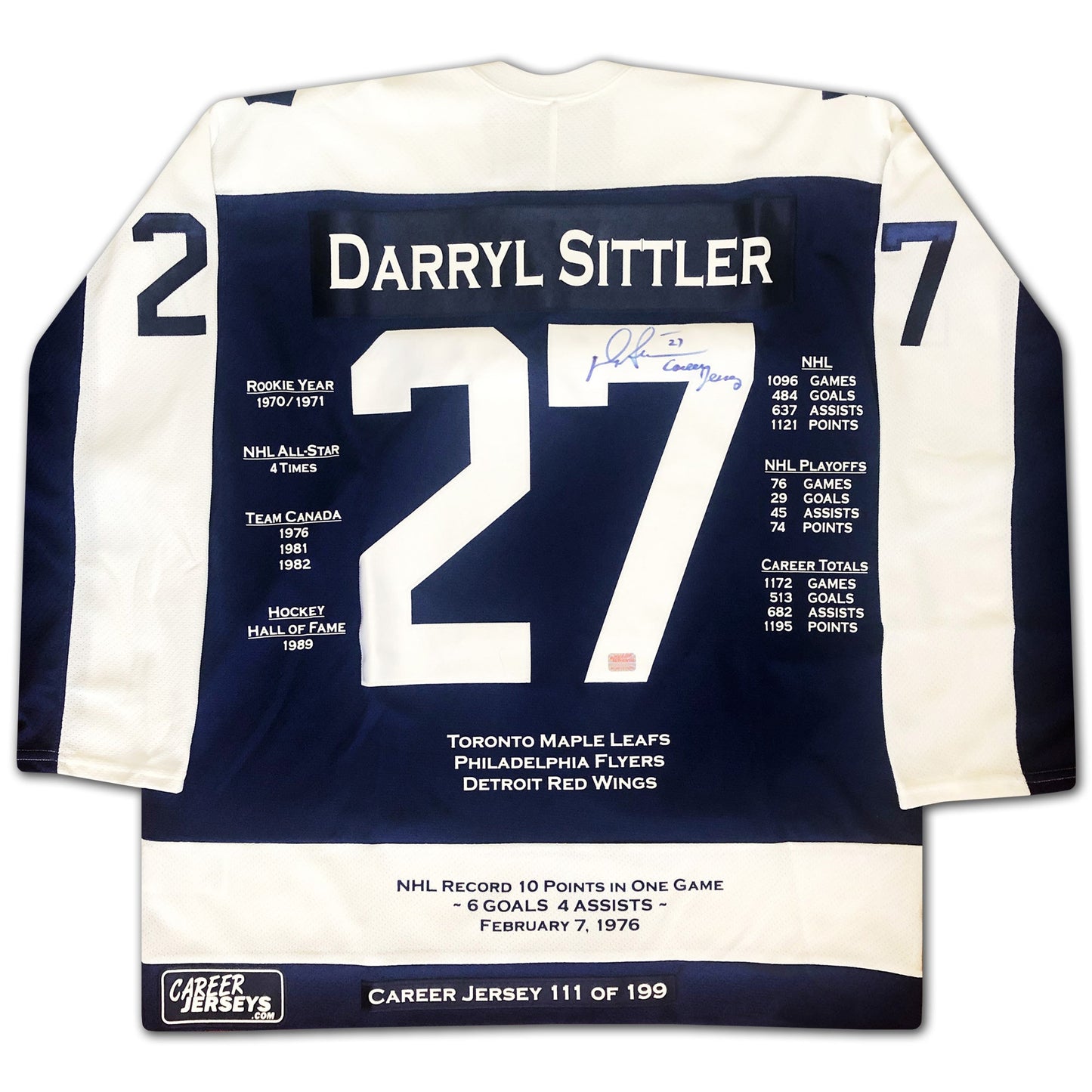 DARRYL SITTLER TORONTO MAPLE LEAFS CAREER JERSEY – AUTOGRAPHED COLLECTIBLE – LIMITED EDITION /199 – OFFICIAL NHL HOCKEY MEMORABILIA (SIZE L OR XL)