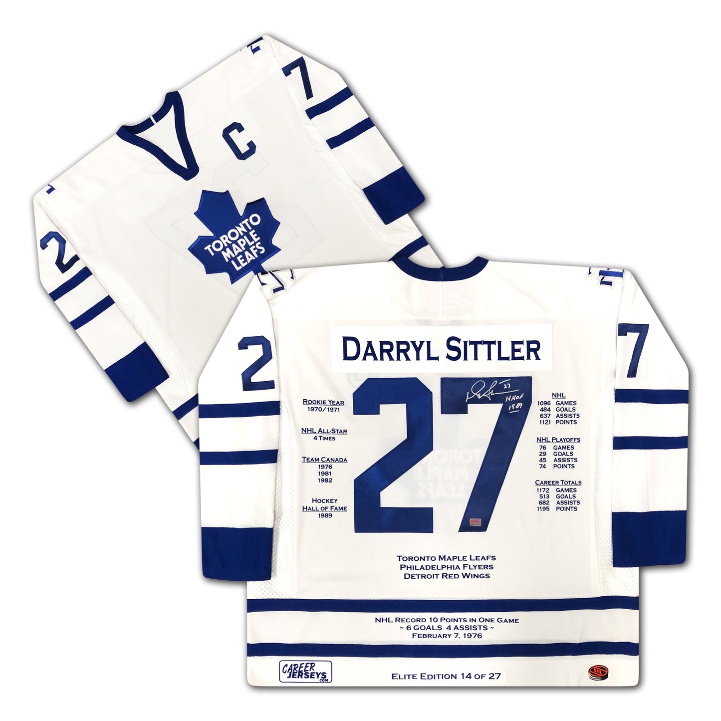 DARRYL SITTLER TORONTO MAPLE LEAFS CAREER JERSEY – ELITE EDITION – AUTOGRAPHED COLLECTIBLE – LIMITED EDITION /27 – OFFICIAL NHL MEMORABILIA (SIZE L OR XL)