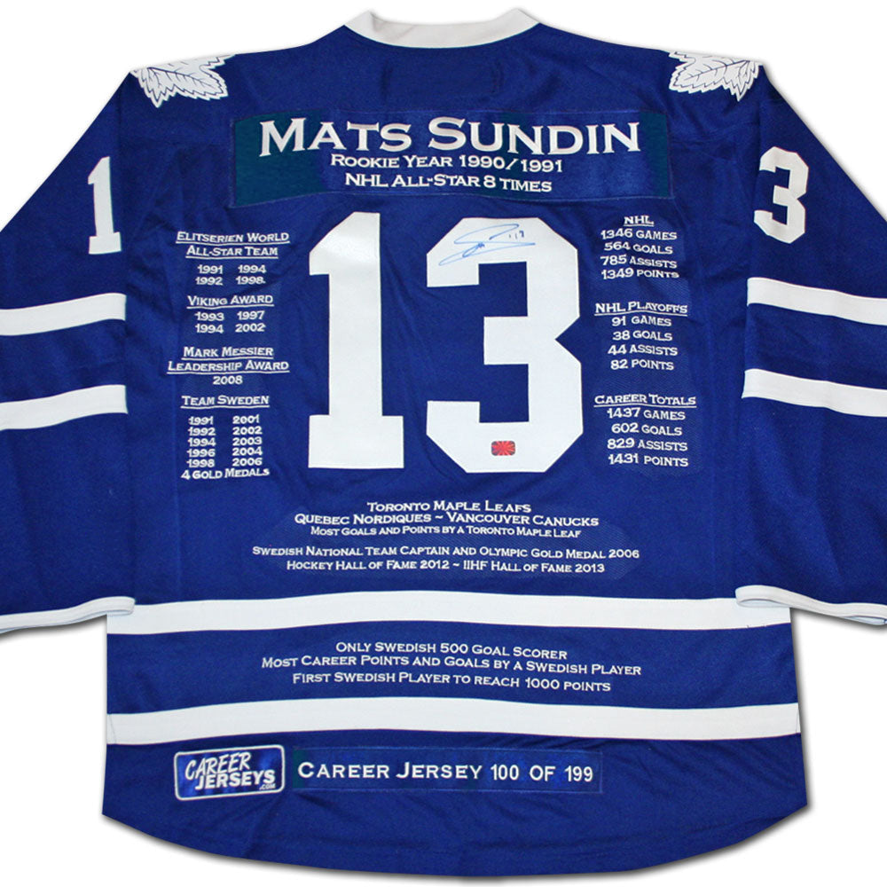 MATS SUNDIN AUTOGRAPHED CAREER JERSEY – LIMITED EDITION OF 199 (SIZE L OR XL) – TORONTO MAPLE LEAFS NHL COLLECTIBLE