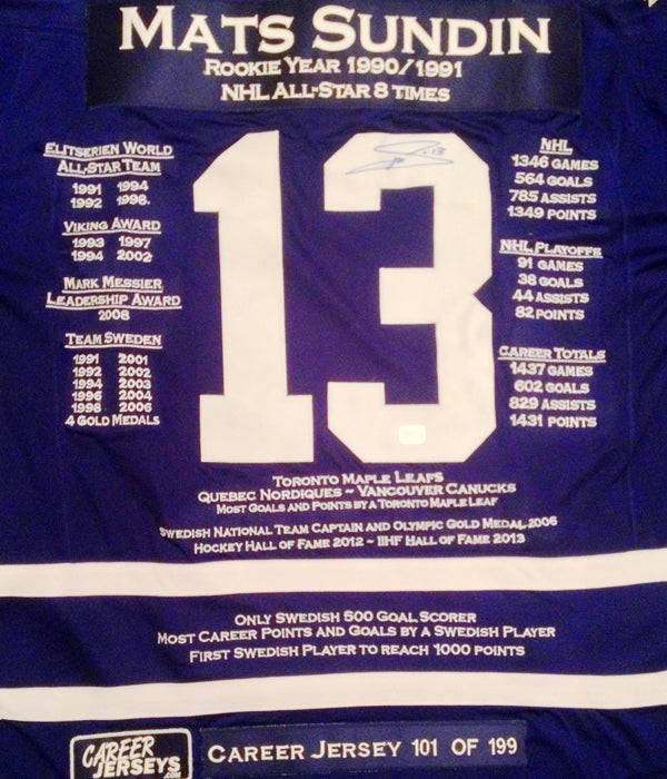 MATS SUNDIN AUTOGRAPHED CAREER JERSEY – LIMITED EDITION OF 199 (SIZE L OR XL) – TORONTO MAPLE LEAFS NHL COLLECTIBLE