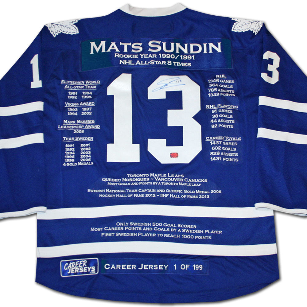 MATS SUNDIN CAREER JERSEY #1 OF 199 AUTOGRAPHED – LIMITED EDITION COLLECTIBLE – TORONTO MAPLE LEAFS LEGEND (SIZE L OR XL)