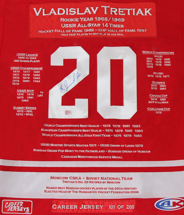 VLADISLAV TRETIAK AUTOGRAPHED CAREER JERSEY – LTD ED 200 – USSR NATIONAL HOCKEY HERO – HALL OF FAME COLLECTIBLE (SIZE L OR XL)
