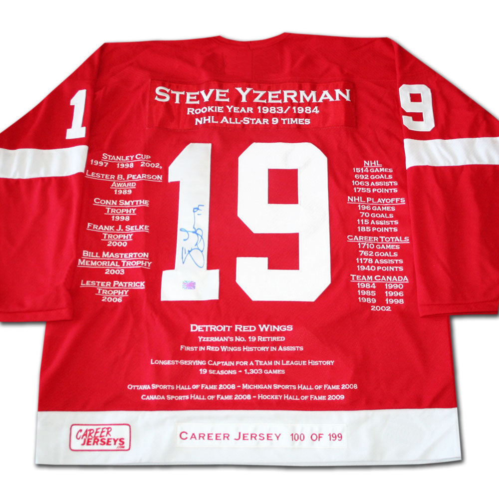 STEVE YZERMAN AUTOGRAPHED CAREER JERSEY – LTD ED 199 – DETROIT RED WINGS CAPTAIN – NHL COLLECTIBLE (SIZE L OR XL)