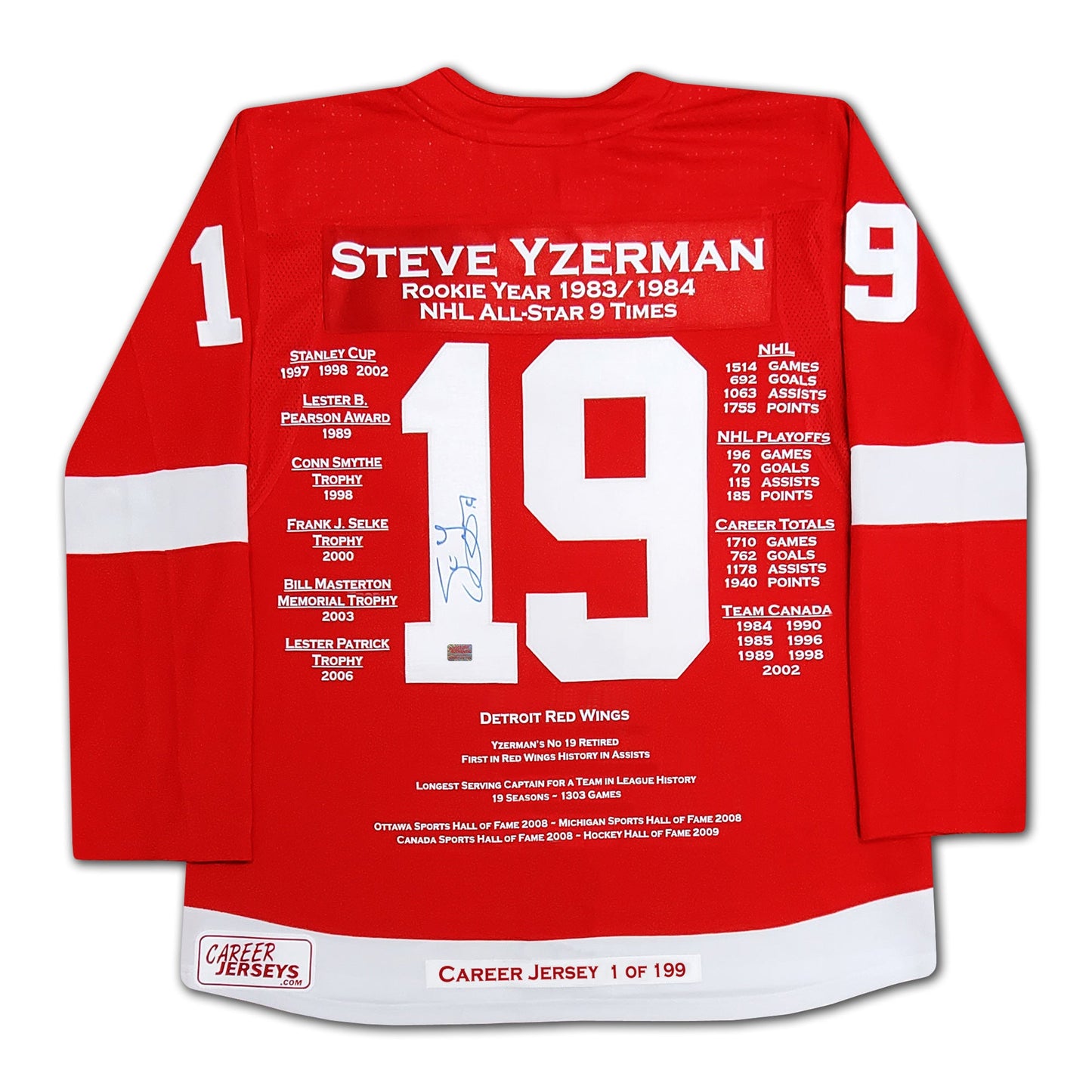 STEVE YZERMAN CAREER JERSEY #1 OF 199 - AUTOGRAPHED - DETROIT RED WINGS - LIMITED EDITION NHL COLLECTIBLE (SIZE L OR XL)