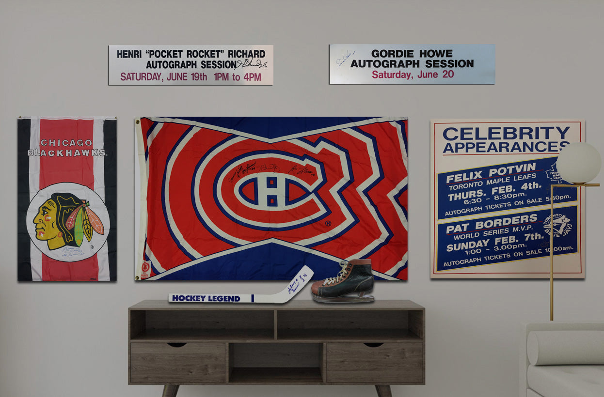 RED KELLY, JOHNNY BOWER & PIERRE PILOTE TRIPLE SIGNED HOCKEY SIGN – ORIGINAL SIX NHL LEGENDS AUTOGRAPHED COLLECTIBLE – FRAMED MEMORABILIA  (22.5" BY 5.5")