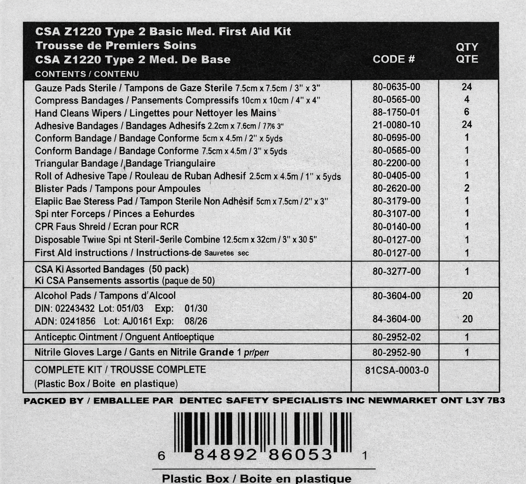 CSA Z1220 TYPE 2 BASIC MEDIUM FIRST AID KIT BULK IN 24 UNIT PLASTIC BOX